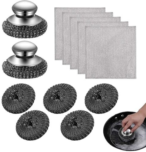 Stainless Steel Scourer With Handle, Stainless Steel Scrubber with 5 Replacement Pads and 3 Silver Rag, Big Metal Wire Wool for Cleaning, Steel Wool Scrubber for Kitchen Pots Pans Grills Sink