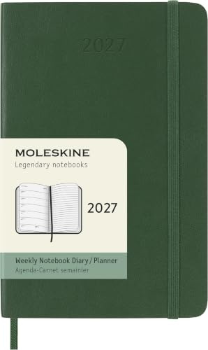 Moleskine Wochenkalender 2027, 12-Monats-Planer mit Platz für Notizen, Softcover, Elastischer Verschluss, Pocket Format 9x14 Cm, Farbe Myrtegrün