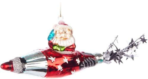 BRUBAKER Weihnachtsmann in Rakete Rot mit Sternenspur Silber - Handbemalte Weihnachtskugel aus Glas - Mundgeblasener Christbaumschmuck Figuren lustig Deko Anhänger Baumkugel - 20 cm