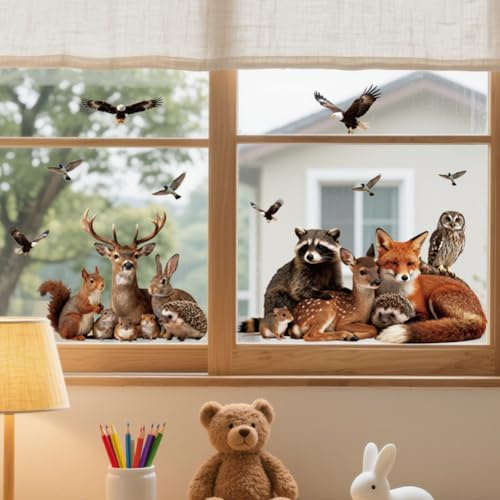 ANATTASOUL Wald Tiere Fensterbilder for Frühling Sommer | Doppelseitig Blickdichter Badezimmer Fensterbilder Kinderzimmer Wiederverwendbare Fensterbilder Frühling for Winter Herbst