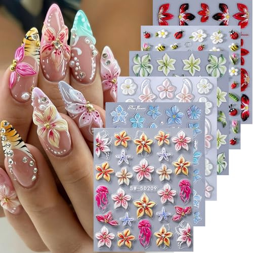 Cosblisvia neonail nagelsticker Nail Sticker, 6 Designs Selbstklebende 3D Nagelaufkleber Für Damen, Mädchen, Anfänger Für Sommer Maniküre, DIY Nail Art, Nageldesign