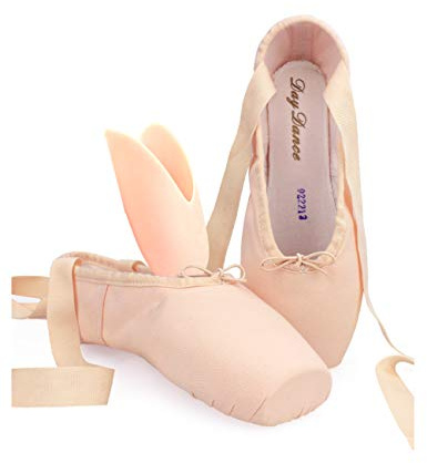 Daydance Ballet Pointe Shoes Girls Women Ribbon Ballerina Shoes with Toe Pads, Beige, 3 Big Kid