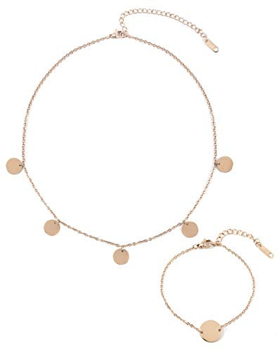 Happiness Boutique Damen Schmuckset in Rosegold 2-TLG. | Plättchen Kette und Filigranes Armband mit Plättchen Anhänger