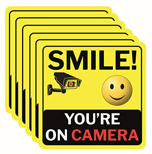 Smile You're On Camera Sign, Double-Sided 6 Pack 6x6 Vinyl Decals for Video Surveillance Signs in/Outdoor, Laminated for UV & Water, Warning Signs, Security Signs, Camera Sign