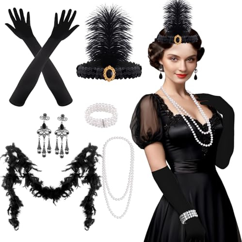 FEPITO 9 Pcs 1920s Accessories Set Flapper Headband Necklace Earrings Long Black Gloves Boa Theme Party Accessories for Women(Set G)