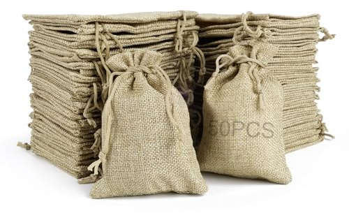 RUBY 50 Stück Jutesäckchen Klein Jute Beutel 7x9cm Geschenkbeutel mit Kordelzug Säcke für Adventskalender Stoff Taschen Leinen zum Befüllen für Schmuck DlY Handwerk Hochzeit Party Weihnachte