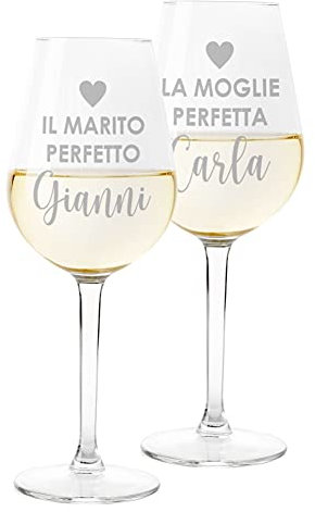 Colorfamily Coppia Calici Personalizzati Set da 2 calici Vino Personalizzati con Nome Moglie Perfetta Marito Perfetto - Bicchiere in Vetro 500 ml