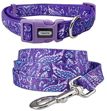 YUDOTE Weiches Hundehalsband und Leine passendes Set,mittelgroß,mit Neopren gepolstert und 2, täglichen Gebrauch aktiver Hündinnen,Violettes Ahornblatt