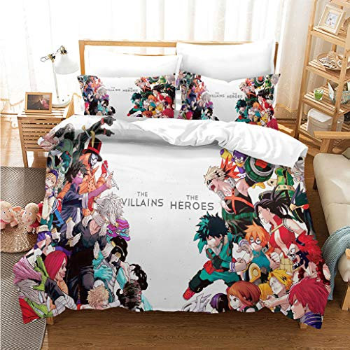 Tongyundacheng My Hero Academia Bettbezug-Set mit 2 Kissenbezügen, Cartoon-3D-Druck Anime-Bettwäsche-Set 3-teilig für Jungen Mädchen Kinder Teenager Schlafzimmer Dekoration – Einzelbett (135x200cm)