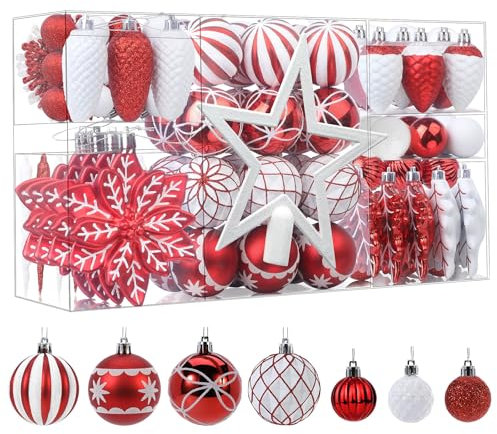 SHareconn 106pcs Christmas Balls Ornaments Set, Shatterproof Plastic Decorative Baubles for Xmas Tree Decor Holiday Wedding Party Decoration with Hooks Included, Red & White