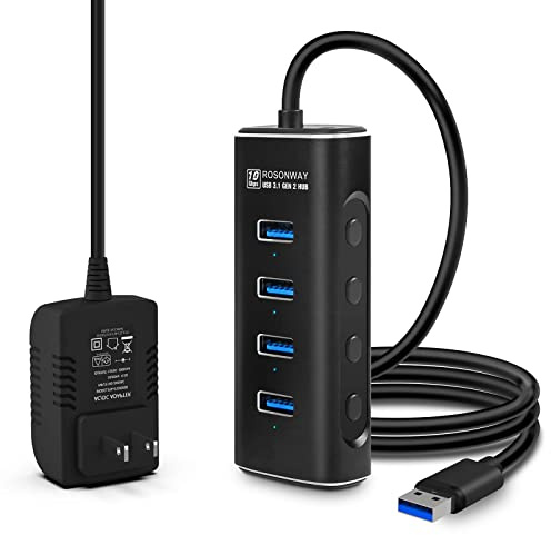 Hub USB alimentato, Rosonway 4 porte USB 3.1/3.2 Gen 2 Hub 10 Gbps con cavo dati da 1 m, adattatore di alimentazione 5 V/2 A e interruttori individuali, splitter hub porta USB in alluminio per PC e