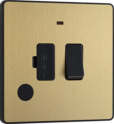 BG Electrical Switched Fused Connection Unit with LED Power Indicator and Flex Outlet, Fused Spur Switch, Double Pole, Screwless Front Plate, Round Edges, Evolve, Satin Brass, 13A, PCDSB52B