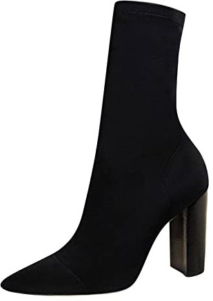 Mode Herbst Frauen Stiefeletten High Heel Dicke Ferse Spitzschuh Einfarbig Stoff Bequemer Slip On Däumling Mädchen 30