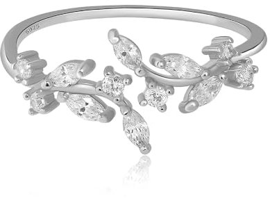 Meissa Sterling Silber Ring für Frauen Wrap Around Olive Leaf Ast Ring Verstellbar Handmade Ring Paved Cubic Zirkonia Stein Stapelbar Offene Ringe (Silber)