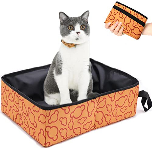 Caja de Arena Plegable de Viaje Portátil para Gatos, Caja de Arena para Viajes, Impermeable, Fácil de Limpiar, Caja para Gatos para Mascotas, Viajes al Aire Libre, Camping, Uso Doméstico, Naranja