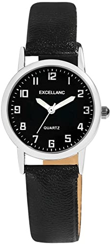 Excellanc Damen-Uhr Kunstleder Dornschließe Leuchtzeiger Analog Quarz 1900290 (schwarz schwarz)