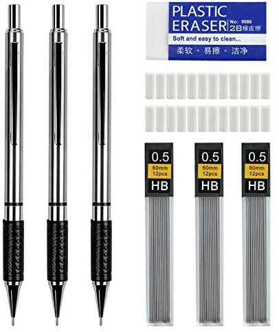 AUAUY 3 Stück Druckbleistifte Set, HB 0,5 mm Automatische Metall Mechanische Stifte mit 3 Dosen Bleistiftminen und 1 Groß Radiergummis, Büro Zubehör für Schule Schreiben, Zeichnen, Skizzieren