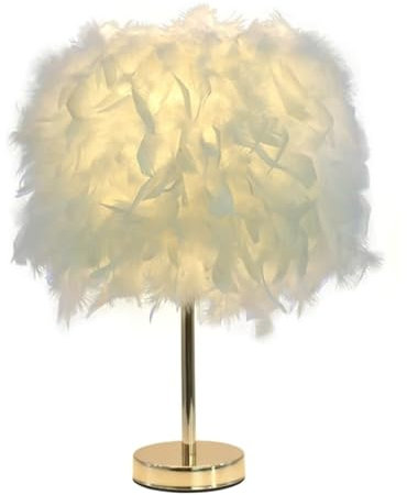 GUANSHAN Weiße Feder-Tischlampe, Nachttischlampe mit goldenem Sockel, Feder-Tischleuchte, Schreibtisch-Lampenschirm für Schlafzimmer, Heimdekoration, Fotografie-Requisiten