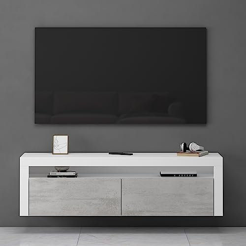 Mai & Mai Fernsehschrank TV Schrank Lowboard Hängeschrank 2 Türen mit Soft-Close Fernsehtisch für Wohnzimmer in matt Weiß + Beton BTH: 160x40x46 cm Fernsehschrank01