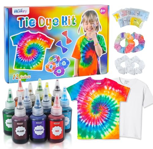 Ulikey Tie Dye Kit, Batikfarben Set mit 60ml Große Batikflaschen mit 12 Farben Batikpulver, Batik Set mit Haarbänder und T-Shirts, Batikfarben DIY-Projekt mit Handschuhen für 4+ (Medium)