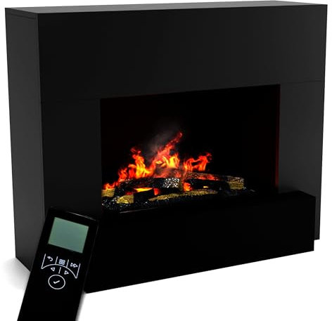 GLOW FIRE Wasserdampf Kamin HAUPTMANN (Standkamin) - Elektrokamin mit realistischen LED 3D-Flammen, Knistereffekt & Fernbedienung, 110x90x45 cm - Opti-Myst 600 Elektro Kamin mit Holz-Deko, Schwarz