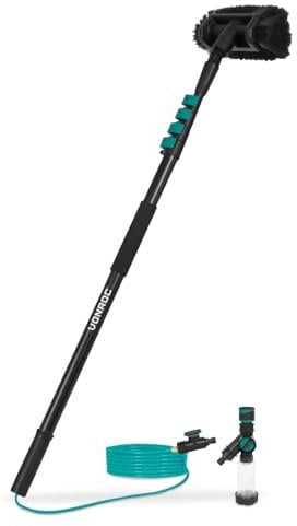 VONROC Brosse de Lavage Telescopique 4,50m - Nettoyage Panneaux Solaires, Murs, Vitres, Voiture - Nettoyeur de Vitres Professionnel 2-en-1 avec Perche Telescopique - Tuyau, Distributeur (4,6M)