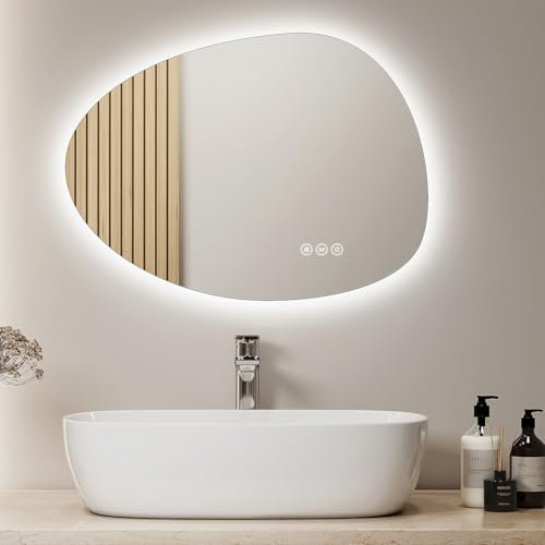 S'AFIELINA Badspiegel mit Beleuchtung Rund Asymmetrischer Spiegel mit Touch-Schalter, Dimmbar, 3 Lichtfarbe Einstellbare, Beschlagfrei, Speicherfunktion Spiegel mit Beleuchtung 60 x 45 cm