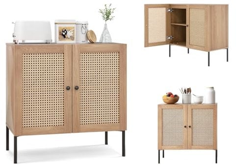 KOMFOTTEU Sideboard Anrichte mit 2 Türen aus Rattan, Buffet Aufbewahrungsschrank Holz, Kommode Beistellschrank mit verstellbaren Einlegeboden, Küchenschrank Standschrank 80x40x80 cm