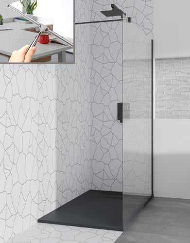 BADLAND Komplettes Set - Walk-In Dusche KETIL 140x195 + Duschwanne VIDAR 90x180 + Badwischer - Duschabtrennung Transparent Nano Glas, Duschtasse Rechteck Schwarz Steinoptik SMC mit Siphon Ø 90 mm