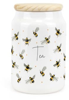 Purely Home Scattered Bees Ceramic Tea Storage Canister - Bumblebee Ceramic Kitchen Food Storage Container & Wooden Lid 600ml (14.5cm x 9.5cm)