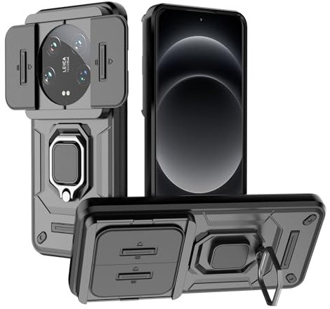 ESTH® Case for Xiaomi 14 Ultra with Slide Camera Cover, Military Grade Shockproof Protective Cover with Rotatable Metal Ring Kickstand [Support Magnetic Car Mount], Black