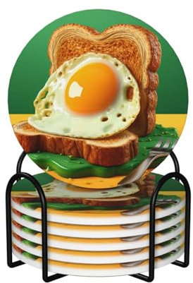 DJUETRUI Toast Fork Coasters for Drinks Set of 6 Absorbent Ceramic Coaster with Holder and Cork Base Cute Stone Drink Coasters for Home Decor Coffee Table Bar Desk Housewarming Gift, Round Shape