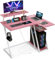 COSTWAY Escritorio Esquinero 99x80cm, Toma de Corriente y 2 Puertos USB, Escritorio en L con Estante para Monitor, Gancho para Auriculares y Estante de Almacenamiento, Mesa en L Oficina Casa (Rosa)