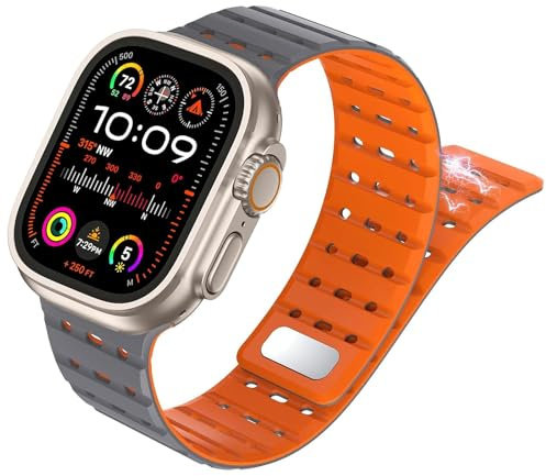 Magnetico Cinturino Compatibile con Apple Watch Ultra 2 49mm 45mm 44mm 42mm, Cinturino di Ricambio Sportivo in Silicone Breathable per iWatch Ultra SE Series 9 8 7 6 5 4 3 2 1 (Grigio arancio)