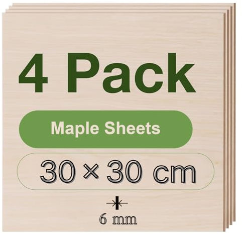 ROBOTIME Compensato 6 mm Pannello Legno Fai Da Te Acero 30×30 CM 4 Pezzi,Fogli di Legno per Decorazione Modellare Pannelli Taglio Laser Pirografia Pareti