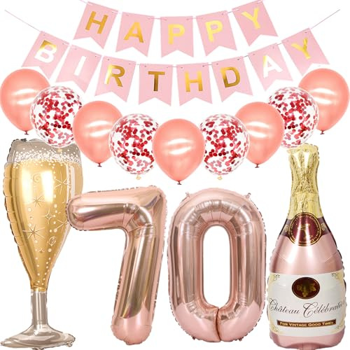 Feelairy Luftballon 70. Geburtstag Deko Frau, Rosegold Folienballon Weinflasche Sektflasche Helium Ballon Champagner Flasche, Girlande Happy Birthday Deko für Geburtstagsdeko 70 Jahre Frauen