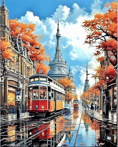 Malen Nach Zahlen Erwachsene Straße, DIY Malen Nach Zahlen Bus Ölgemälde Leinwand Kit für Anfänger, Mit 3-Pinseln und Acrylfarben, Home Wanddeko Wohnzimmer, Mädchen Geschenke Bastelset 80x60cm-Y148