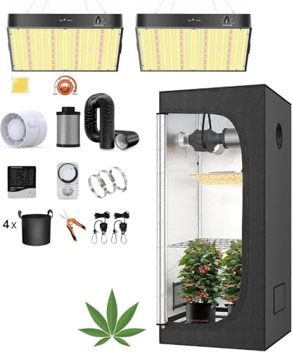 JUNG Growbox Komplettset Anbau Set mit 2X 150W LED Vollspektrum Grow Lampe Dimmbar, 140x140x200 cm, mit Ventilator, Abluft Aktivkohlefilter, Growzelt Anzucht Gewächshaus, Grow Tent Complete Set