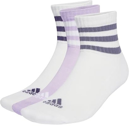 adidas Unisex 3-Stripes Cushioned Sportswear Mid-Cut Socks 3 Pairs, White/White/Powder Plum, 6.5-8