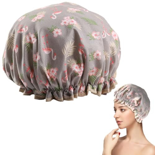 Double Layer Shower Cap for Women Waterproof Reusable Elastic Band, Ruffled Edges Covering Ears for Long, Short & Curly Hair (Grey Flamingo)