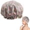 Double Layer Shower Cap for Women Waterproof Reusable Elastic Band, Ruffled Edges Covering Ears for Long, Short & Curly Hair (Grey Flamingo)