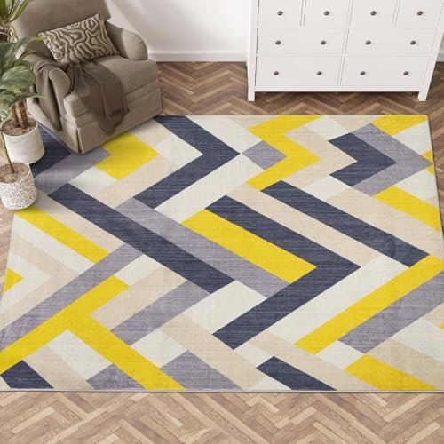 Rugs Living Room Large Washable 60 x 90 cm Short Pile Rug Geometric Carpet Soft Rugs for Bedroom Dining Room Home Decor Non Slip Ru Yellow and Grey 303-05060