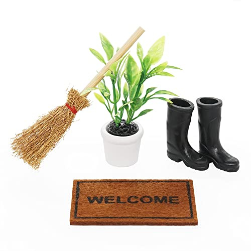 Odoria Puppenhaus Deko Wichteltür Zubehör: 1/12 Maßstab Wichtel Schuhe Hexenbesen Holz Weihnachten - Miniatur Stiefel Werkzeug für Baustelle Elf - Mini Pflanze Matte DIY Fee Garten