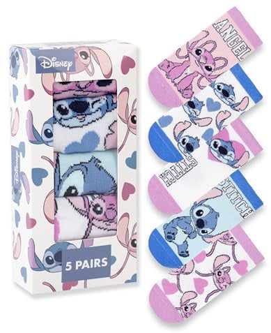 Disney Lilo & Stitch Mädchen-Wadensocken in Rosa, Blau und Weiß, 5er-Set | Cartoon Stitch & Angel Charaktere Schuhe | Bequeme Alltagssocken | Kinderzubehör
