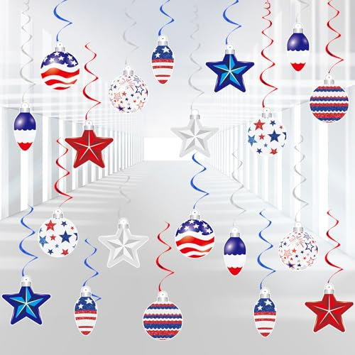 YQUQWN 48 Stück 4. Juli hängende Wirbel-Dekorationen, Unabhängigkeitstag, patriotisches Partyzubehör, keine DIY-Deckenschlangen, Dekoration für Urlaub, Geburtstag, Hochzeit, Veteranentag, Baum, rot