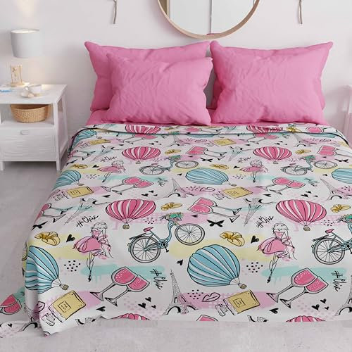 PETTI Artigiani Italiani - Tagesdecke für Kinder, Mädchen, Frühling, Sommer, 265 x 260 cm, 2-Sitzer, leichte Decke für Doppelbett, Motiv Paris Chic, 100% Made in Italy