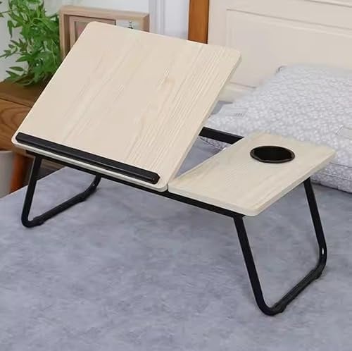 True Face Foldable Laptop Bed Table with Cup Holder & Anti-Slip Baffle – Adjustable Lap Desk for Reading, Writing & Eating – Portable Bed Tray Table for Sofa, Floor & Office White Wood - O1991