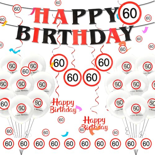 60. Geburtstag Deko Set für Männer & Frauen - Komplettset mit Girlanden, Luftballons, Banner & Verkehrsschild-Deko | 60 Jahre Jubiläumsdeko | Geburtstagsfeier Dekoration