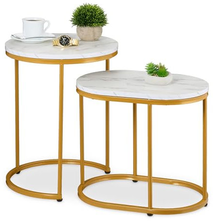 Relaxdays Satztisch, 2er Set, Beistelltisch rund & oval, Marmoroptik, Metallbeine, Wohnzimmer, Couchtisch, weiß/Gold