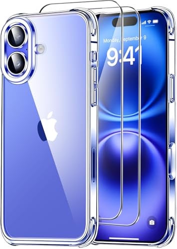 ivencase 3 in 1 Clear Case for iPhone 16 6.1-Inch with 2 Pack Tempered Glass Screen Protector, Slim Soft TPU Silicone Non-Yellowing Shockproof Anti-Scratch Phone Bumper Cover for iPhone 16 - Clear